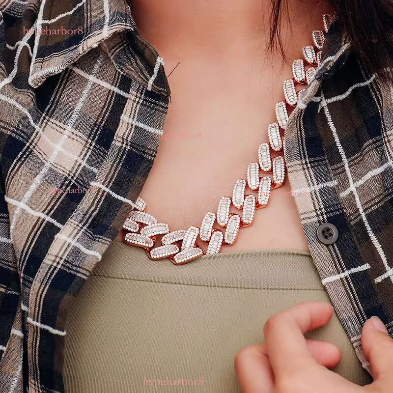 Hip Hop Rose Gold Plated Pure Sier Miami Heavy Long Stick Bread Iced VVS Mosan Stone Cuban Chain Necklace