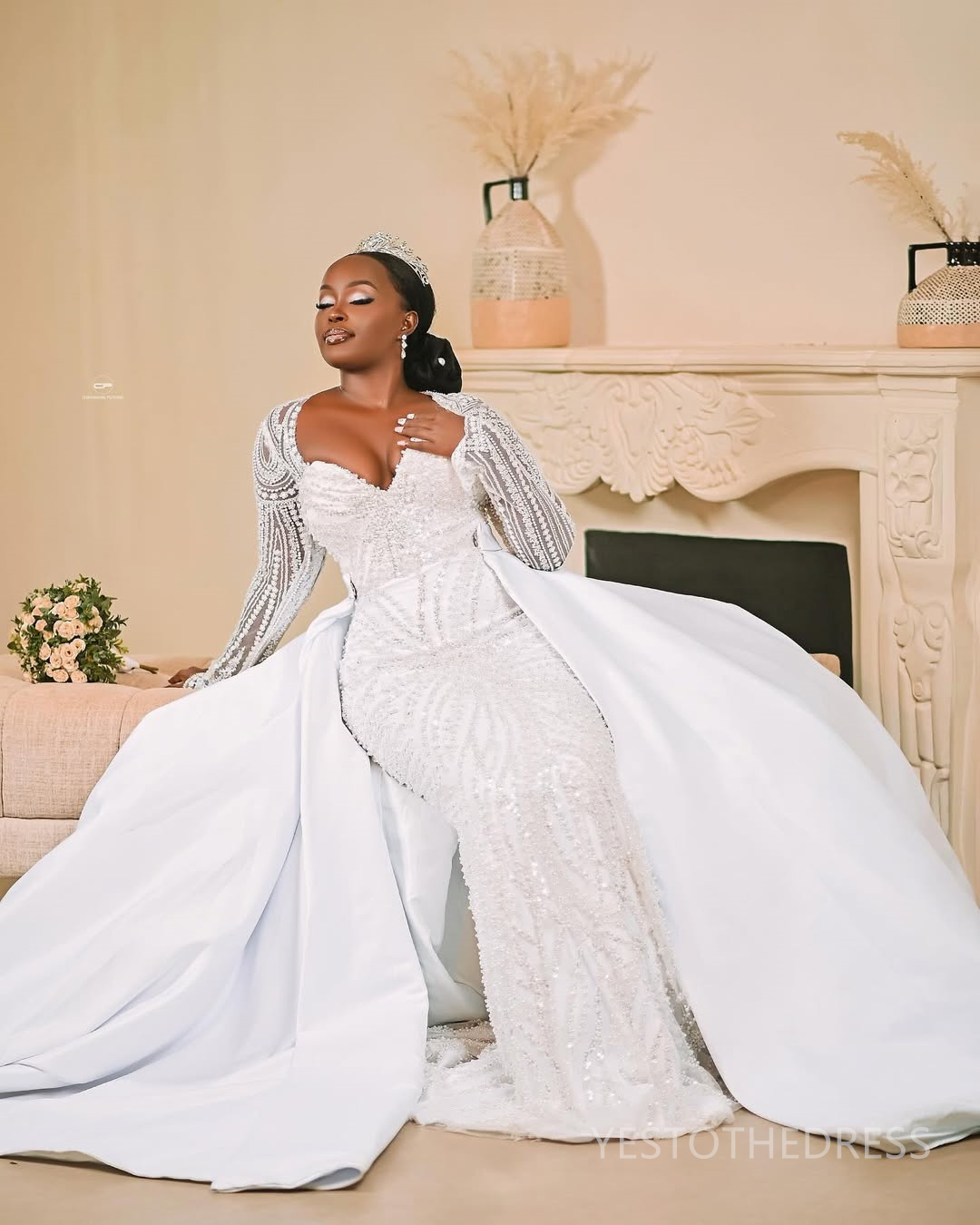 2025 Plus Size Mermaid Wedding Dress For Bride Long Sleeves Detachable Train Sweetheart Long Sleeves Beaded Lace Tiered Tulle Wedding Gowns For Black 