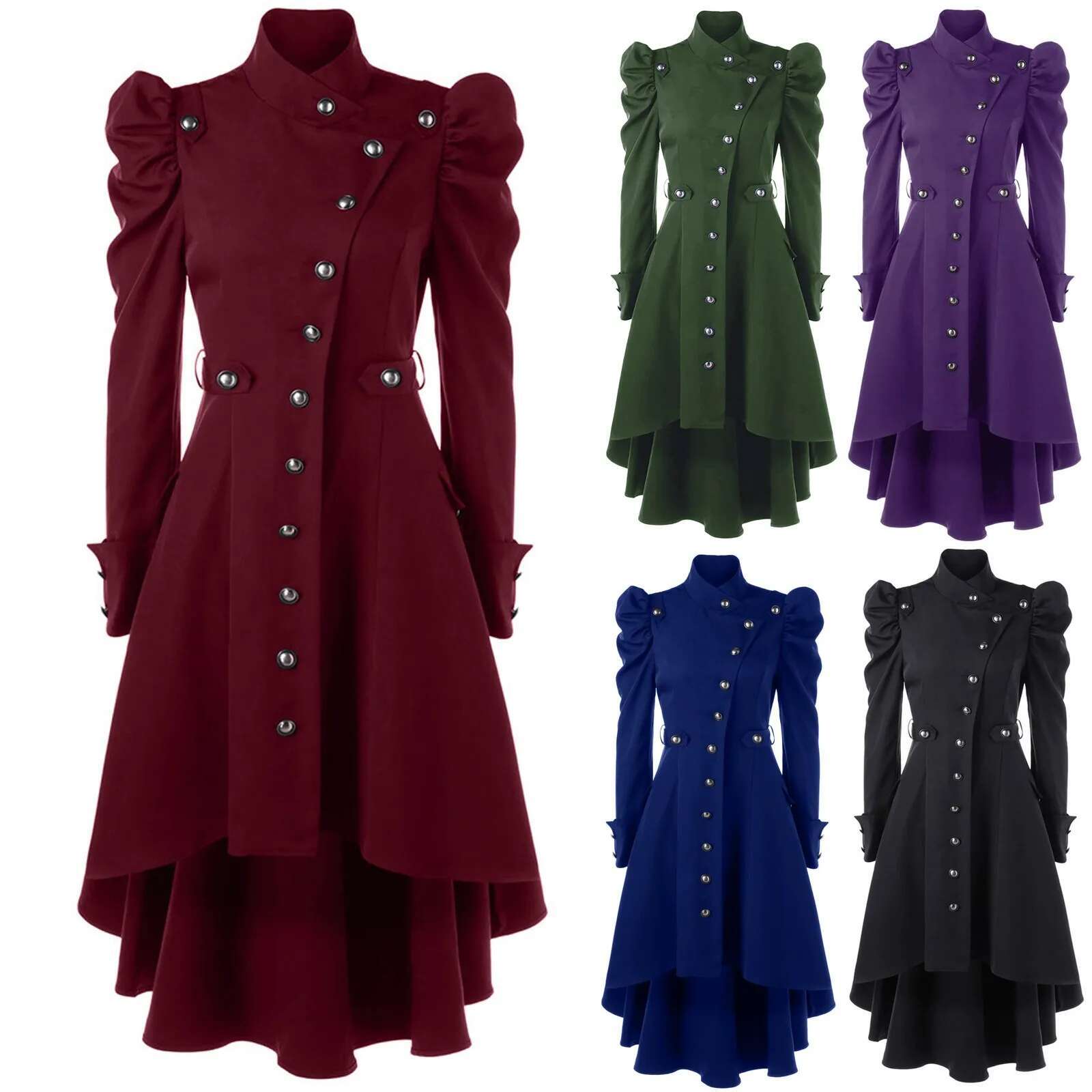 Women Medieval Victorian Vintage Button Up Dress Puff Sleeves Steampunk Gothic Cosplay Halloween Costume Long Jakcet Coats