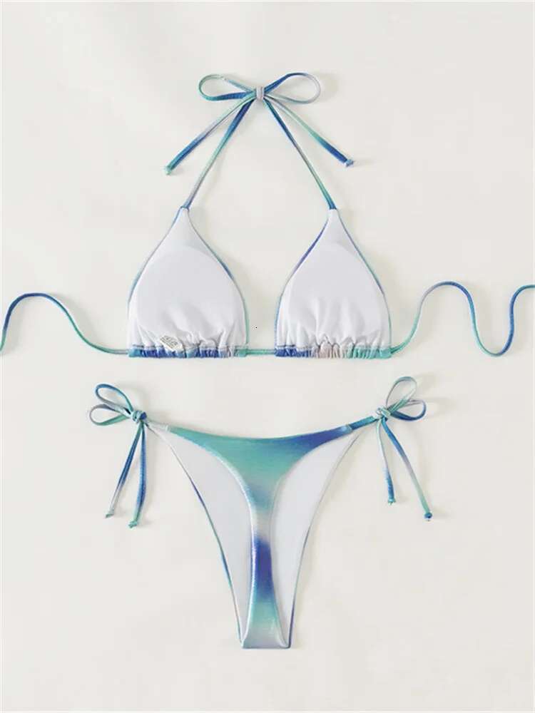 Dongdumaoyi Sexy Blue Gradient Bikini Set Women Halter Push Up Bra Tie Side Thong Swimsuit Beach Bathing Suit Triangle Swimwear Biquini