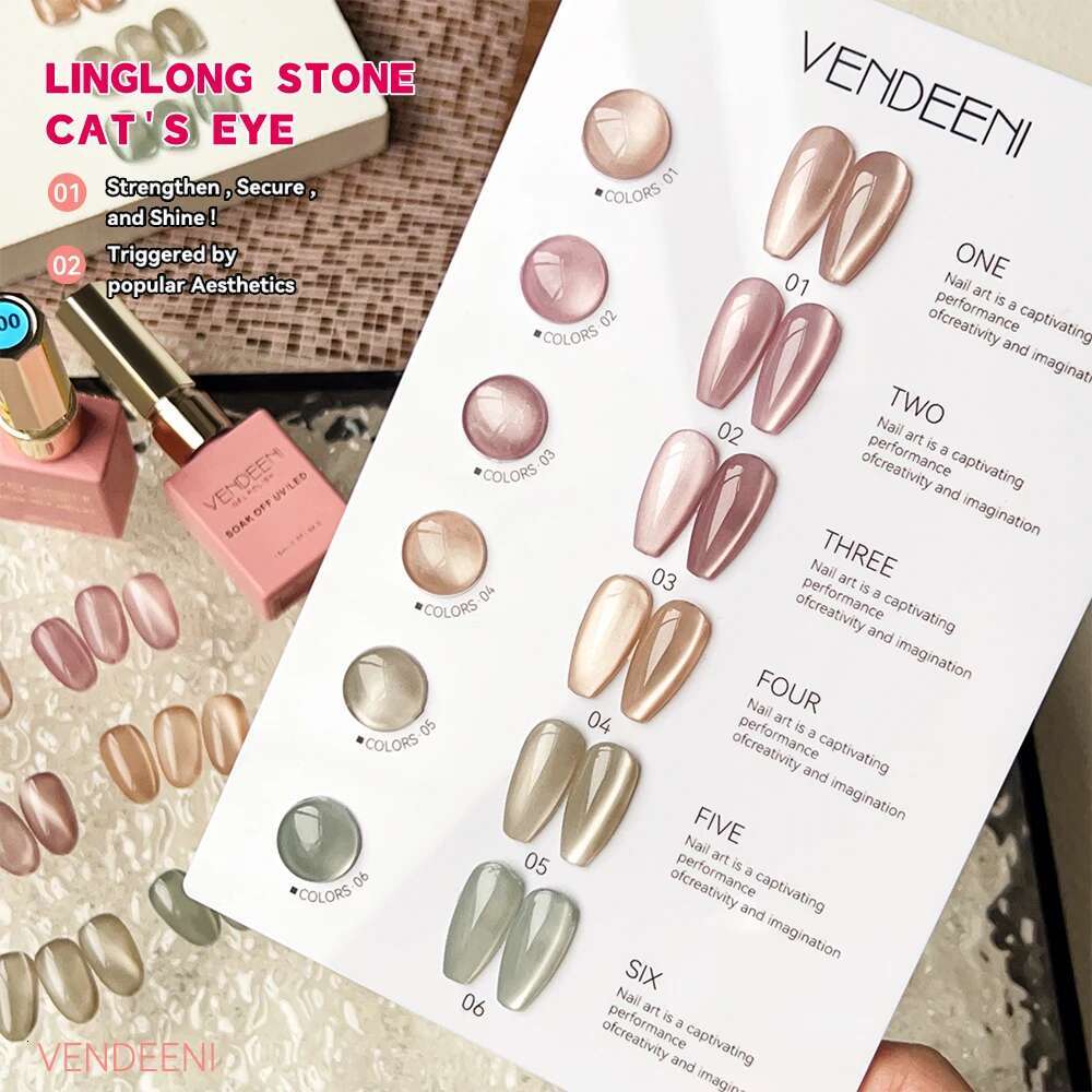 Vendeeni 6 Colors Magnetic Nail Polish Set Pink UV LED Soak Off Varnish Crystal Cat Eye Gel Lacquer With Display