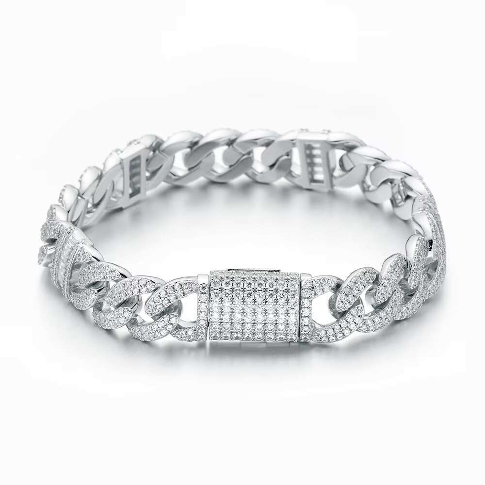 Hip Hop High Quality Pure Gold Plated Silver Iced Out Round Zircon Stone Baguette Prong Setting Cuban Link Chain Bracelet