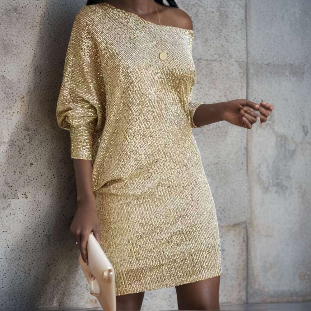 Cross-Border New Women's Fashion Solid Color Off-Shoulder Long Sleeve Short Sequin Gown Dress