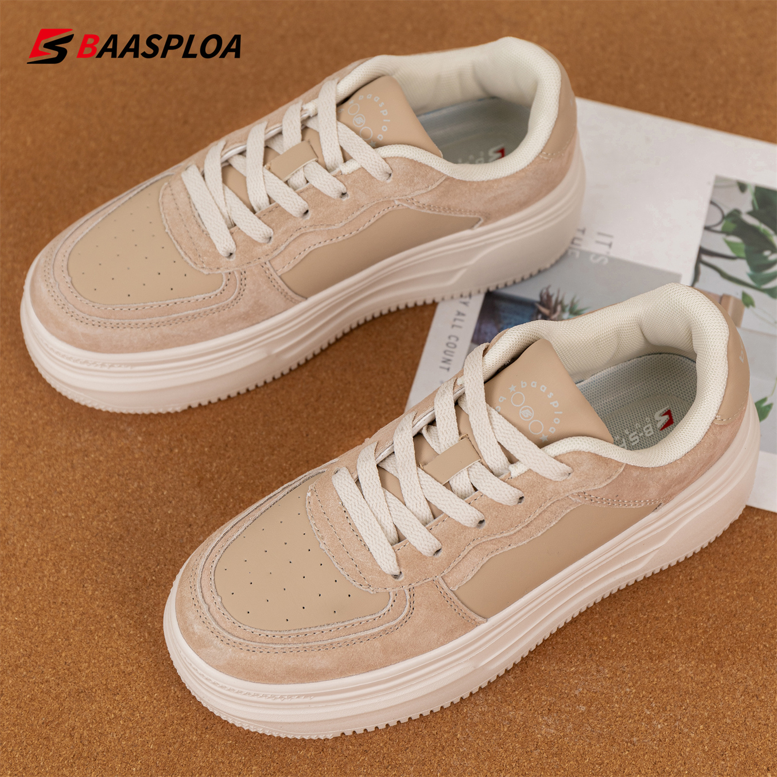 Baasploa Women Skateboarding Shoes Casual Sneakers Femals Leather Walking Shoes Non-Slip Outdoor Shoes