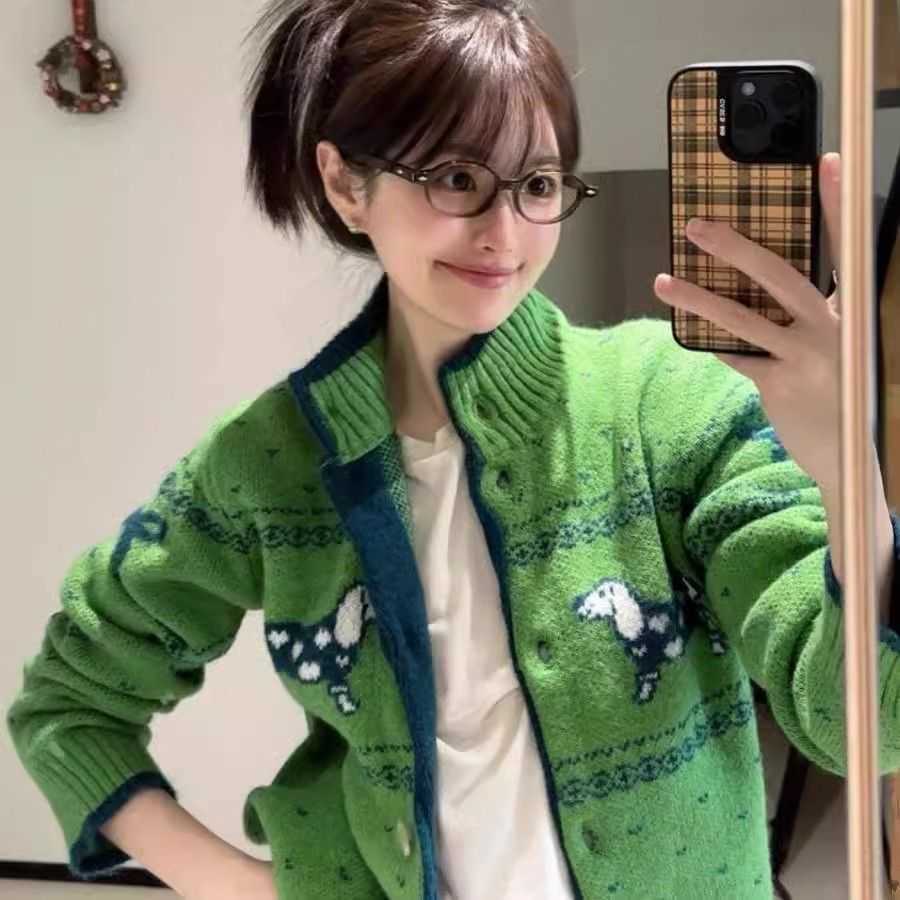 Christmas Green Sweater for Women 2025 Spring and Autumn Fair Isle Atmosphere Outfit Knitted Cardigan Coat W251107