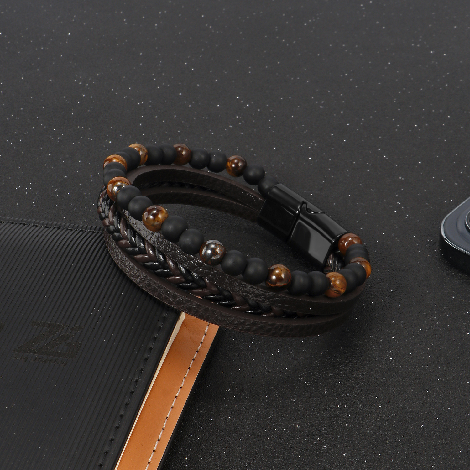Top Source New Alloy Buckle Leather Tiger Eye Stone Weaving Men's Beaded Bracelet