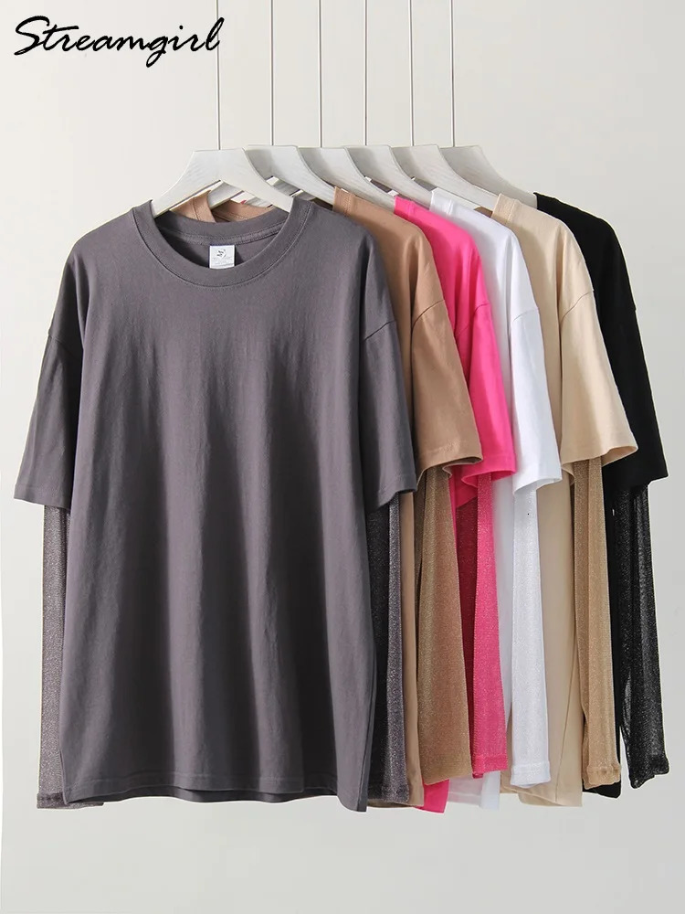 Bright Mesh Oversized Womens Long Sleeve Summer Silk Sunscreen Top Loose Sleeves Black Tshirt 250407