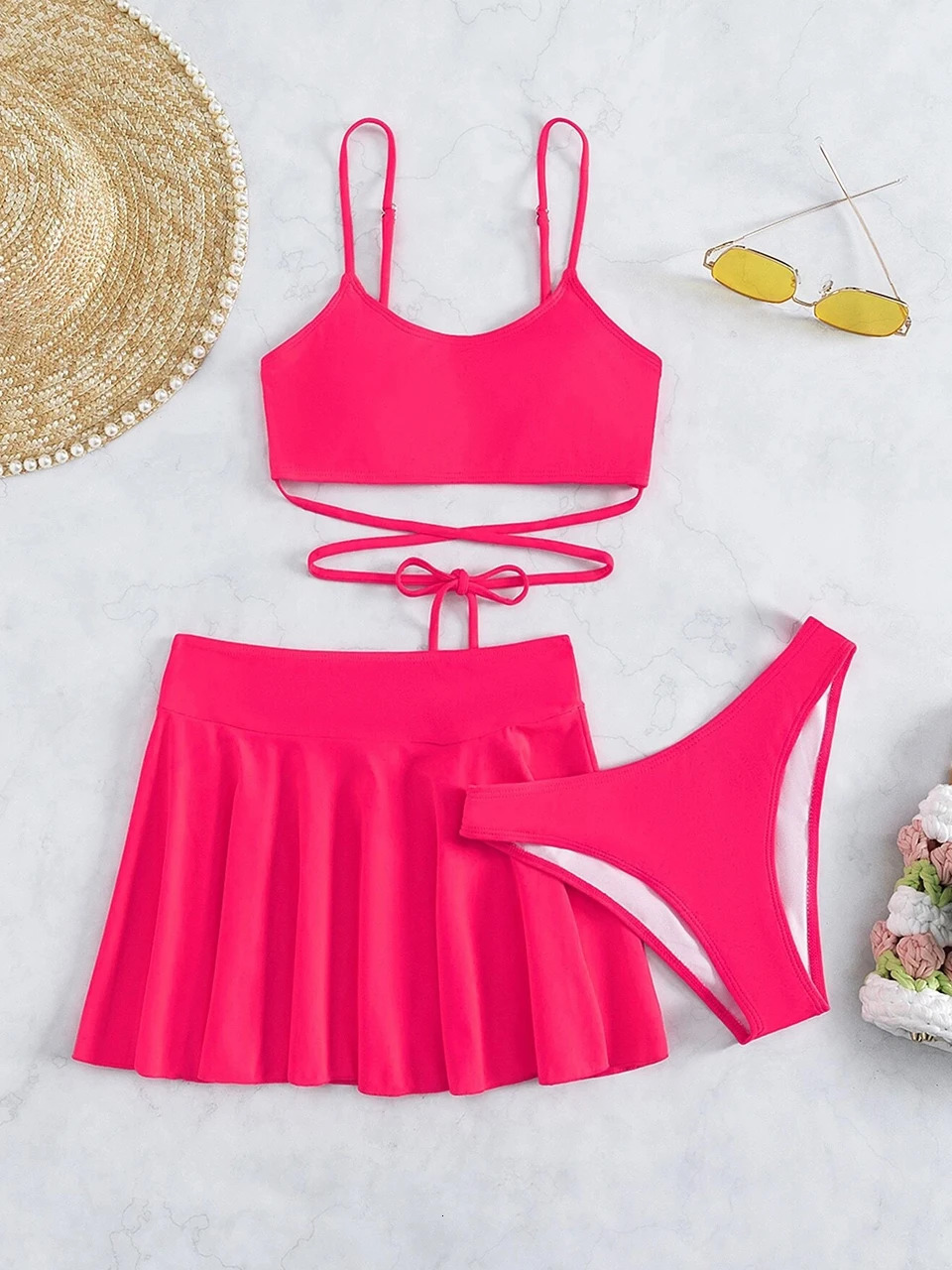 3 Pieces Crisscross Tie Back Bikini Short Skirt Swimsuit Women Solid Swimwear Beach Wear Female Bathing Suit Swim Summer 250313