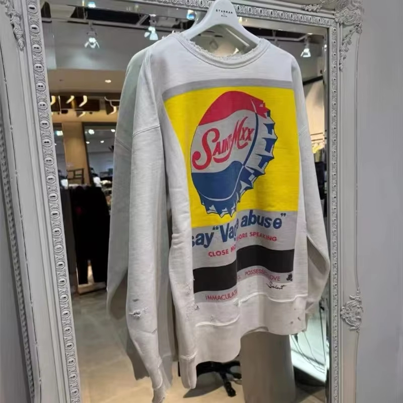 Print Distressed Crewneck Sweatshirt Men Women Oversized Cotton Casual Pullover