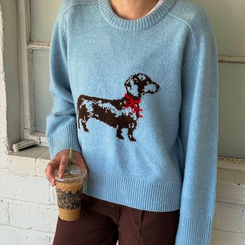 Women's color-block top, round-neck long-sleeve sweater, puppy print, romantic fall and winter best-selling versatile, Valentine's Day outfi