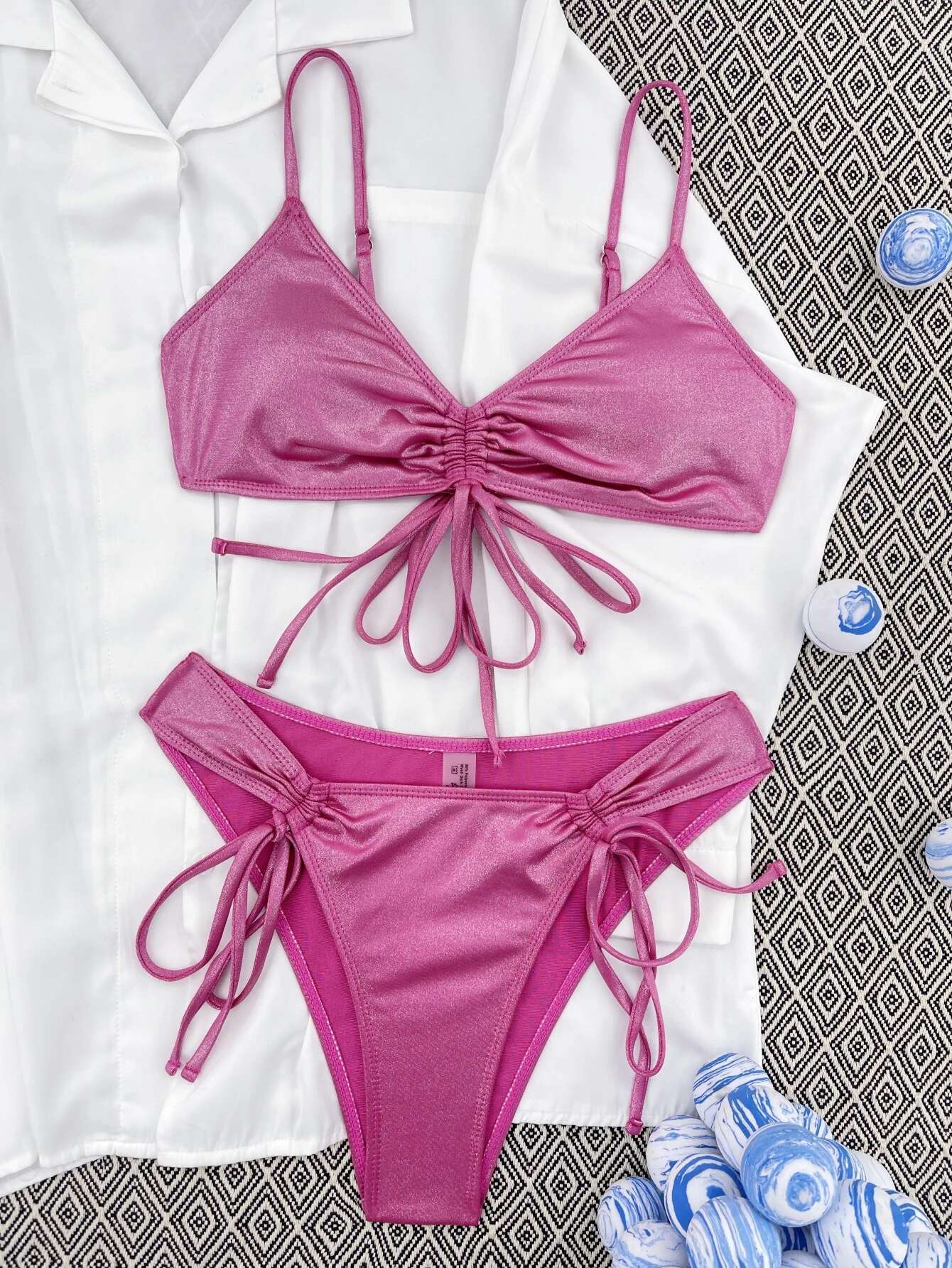 Dongdumaoyi Sexy Pleate Push Up Bikini Set Women Shiny Hot Pink Drawstring Side High Waist Swimsuit Beach Bathing Suit Lace Up Swimwear