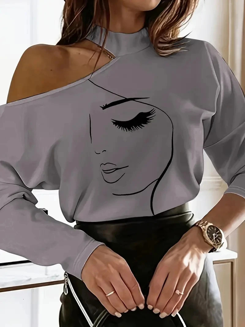 An abstract facial pattern Tshirt casual shoulder cut long sleeved womens clothing 250407