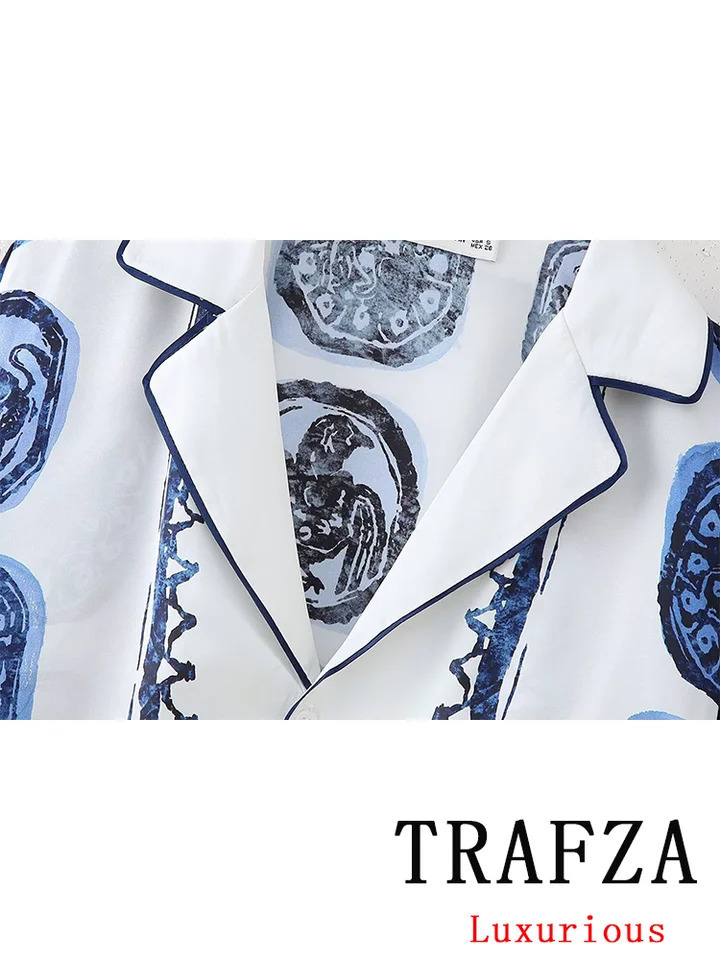 TRAFZA Retro Casual Printed Womens Set Single Chest Vneck ShirtLoose Wide Leg Pants Fashion Autumn 250313