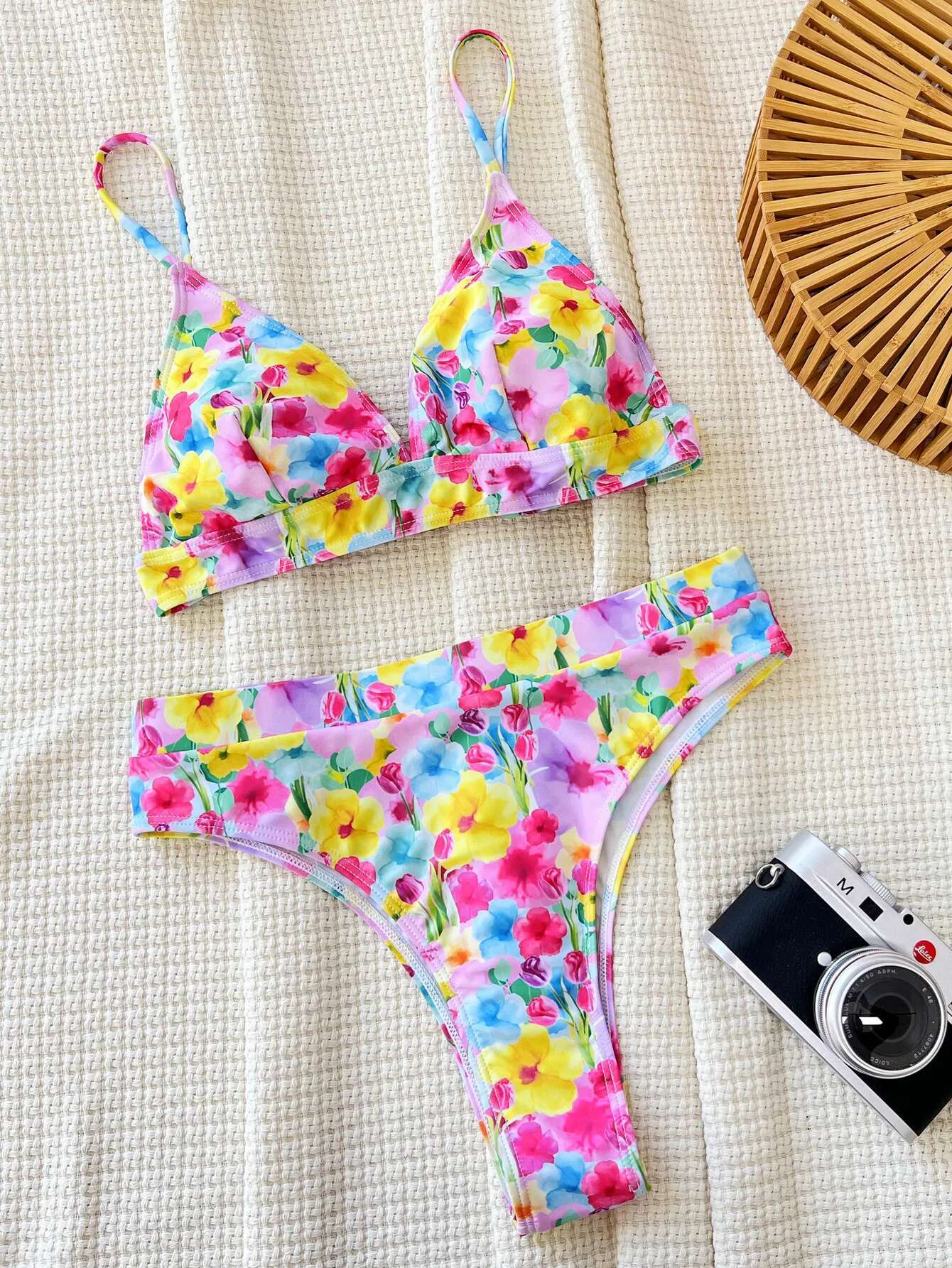 Dongdumaoyi New Yellow Tie Dye Floral Print Bikinis Sets Women Push Up Bra Two Piece Swimsuit Summer Bathing Suit High Waist Swimwear