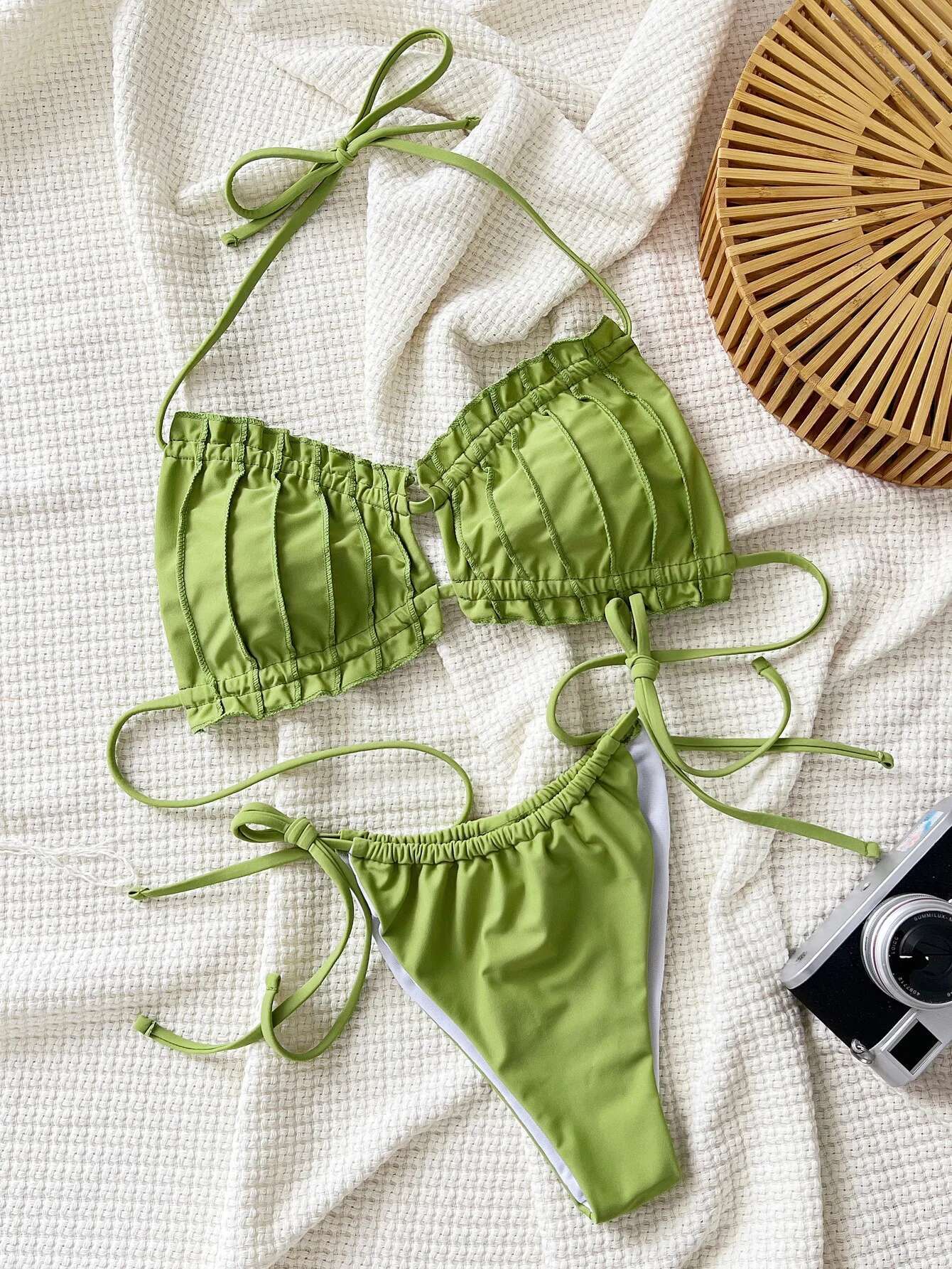 Dongdumaoyi Sexy Pleate Bikini Mujer Women Halter Push Up Hollow Out Bra Micro Swimsuit Beach Bathing Suit Tie Side Thong Swimwear