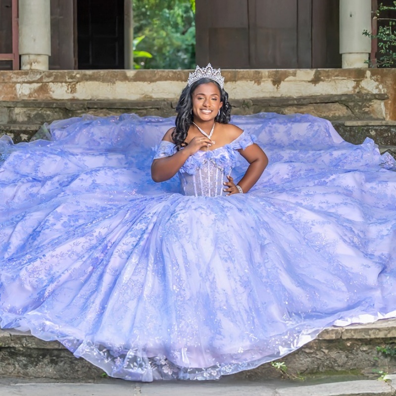Lavender Shiny Princess Quinceanera Dresses Off Shoulder Sequin Appliqued Lace Beads Tull Sweet 16 Dress Ball Gown Vestidos De XV 15