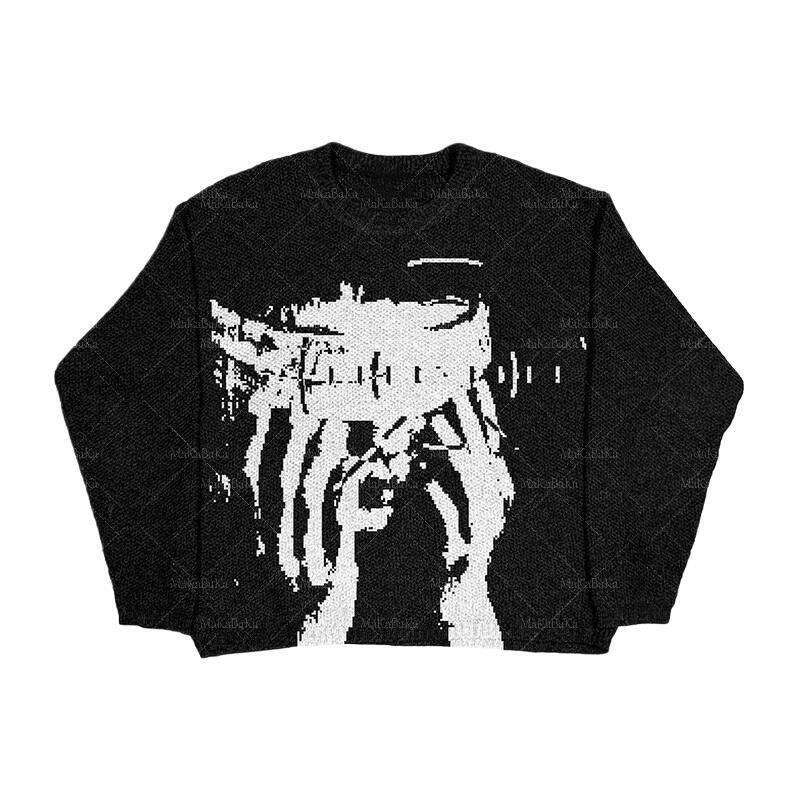 new hip hop street clothing knitted sweater mens gothic portrait printed set