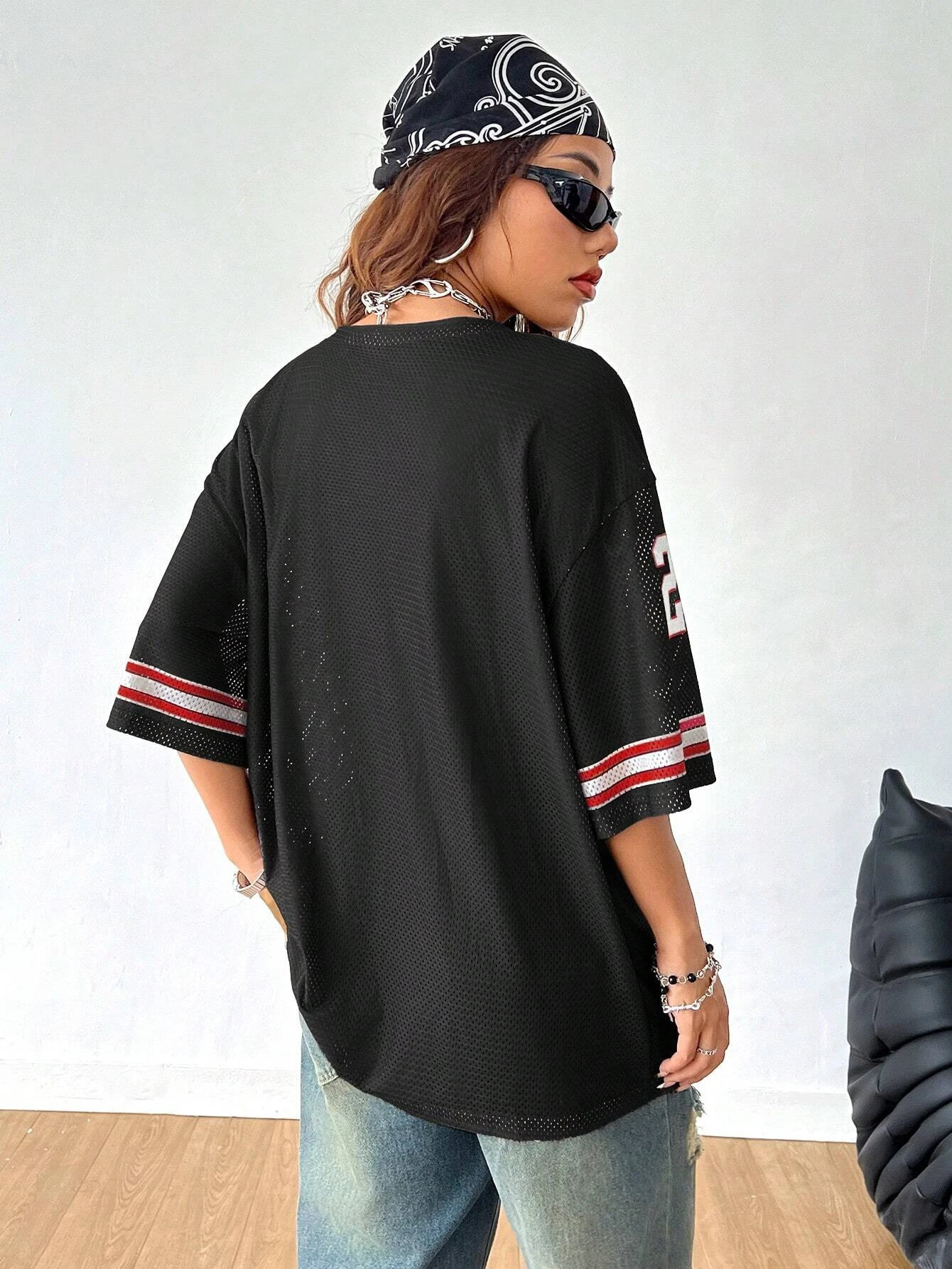 Summer womens Vneck 23 letter printed casual relaxed fashionable breathable short sleeved football shirt top 250407