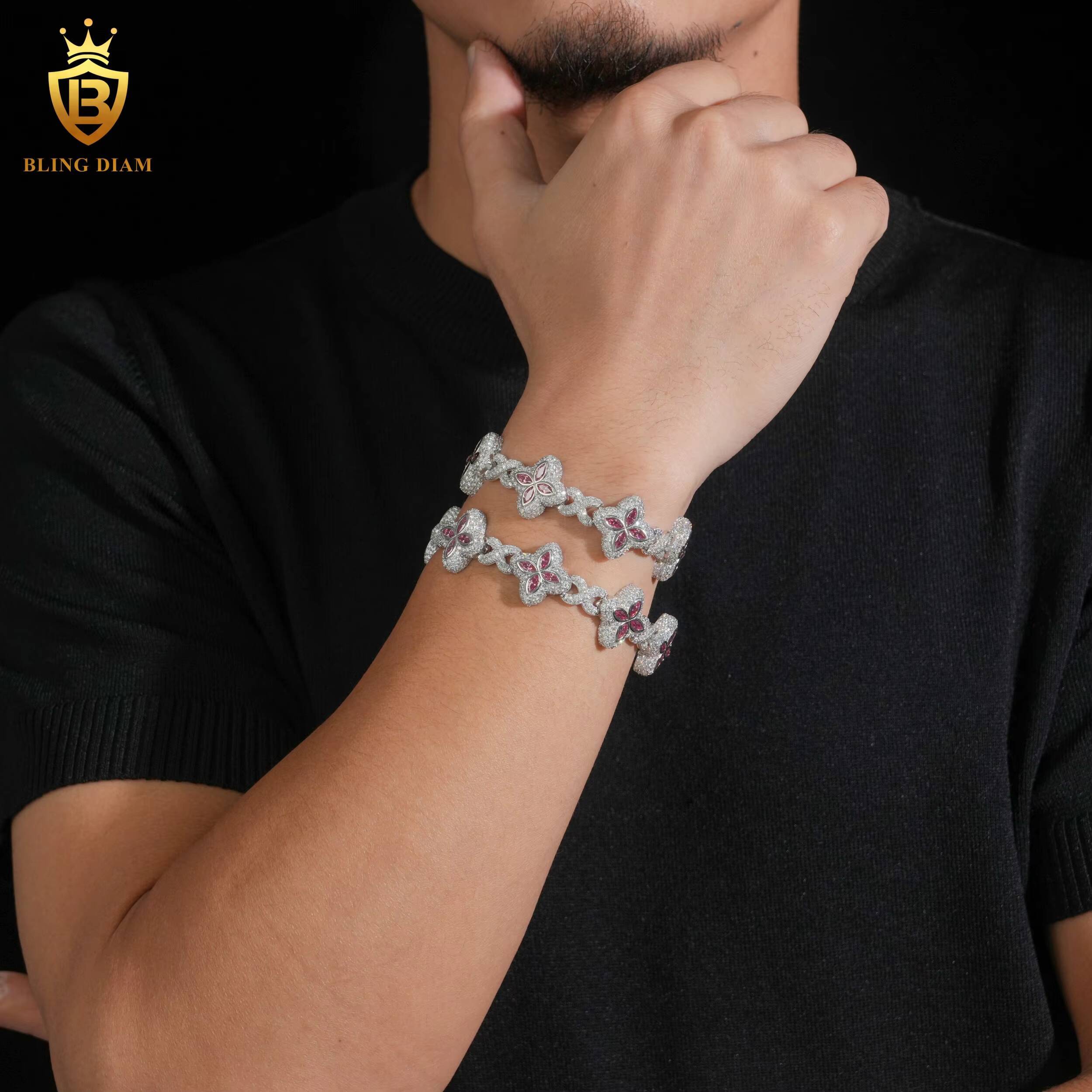 Moissanite Bracelet 925 Sterling Silver Chain 18mm Marquise Cut Pink Moissanite Rhodium Plated Bracelets Bangles Fashion Jewelry