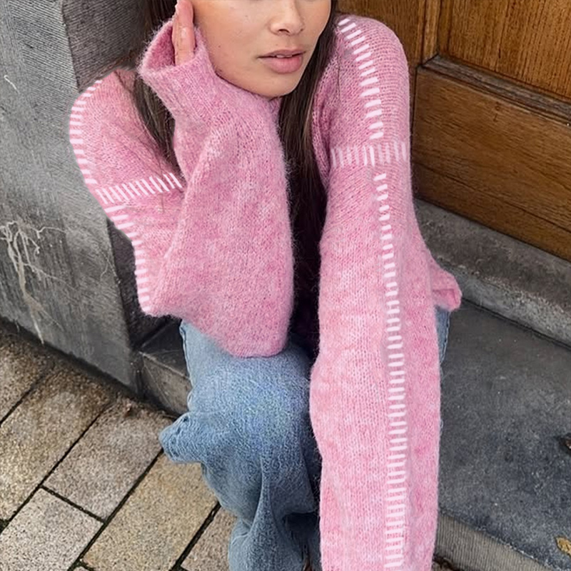 Women's color-block top, round-neck long-sleeved sweater, popular and trendy across all seasons, out-going tops, women's office outfits, pul