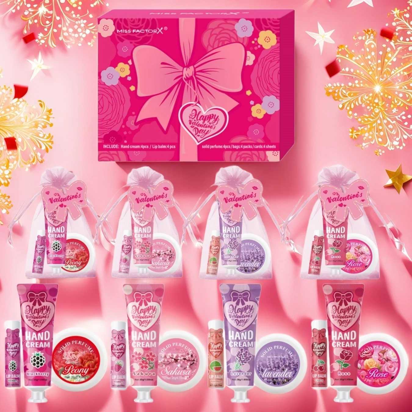 Gift set 20 pieces/box Bulk thank you gift assembly distribution lipstick hand cream perfume Pink gift bag and butterfly card W250407