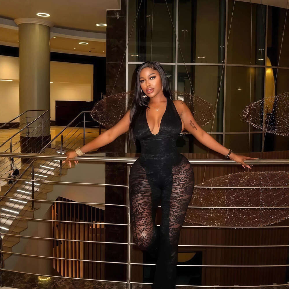 2025 Autumn New Sleeveless Halter Sexy Backless V-Neck Tight Long Jumpsuit for Women