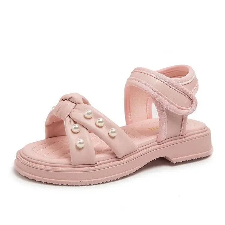 Little Girls Sandals 2025 Summer Princess Shoes with Pearl for Party Wedding Kids Anti Slip Knot Beach Shoes for Vacation 250407