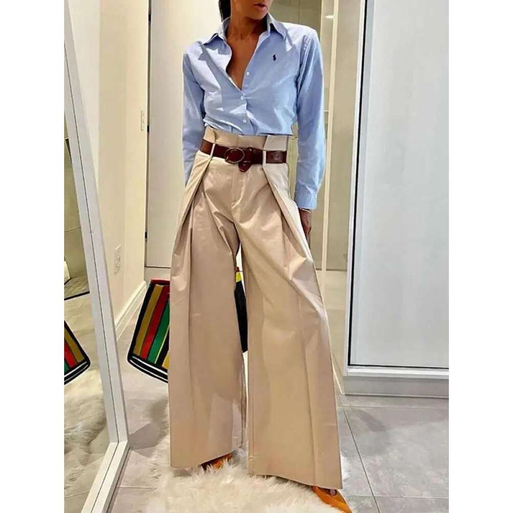 hoodie Women's Wear Freeacy 2024 Women's Fashion Commuter Pants Apricot Elastic High Waist Pleated Trousers Full-Length Wide Leg Bottoms For