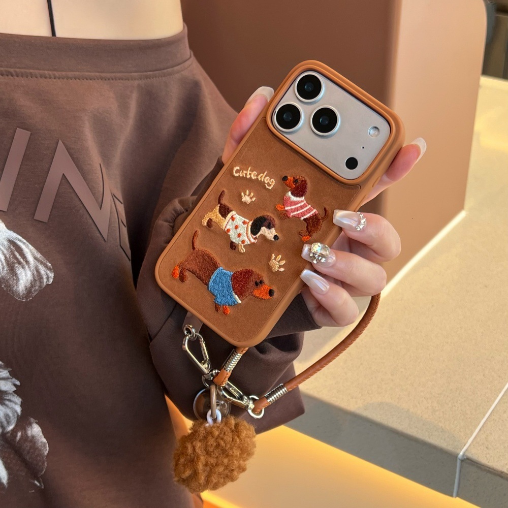 Embroidered Dachshund Dog Phone Case Compatible with iPhone 17/16 Pro Max Cartoon Lanyard iPhone 15/14 Pro