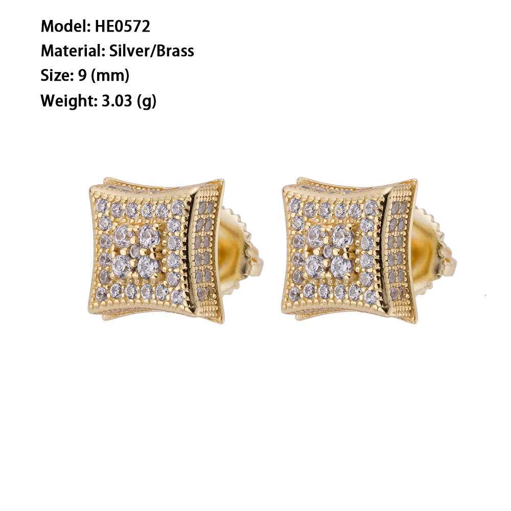 Hip Hop Fine Jewelry Large Gold Finished square Diamond Zircon Crystal Stud Earrings for Men