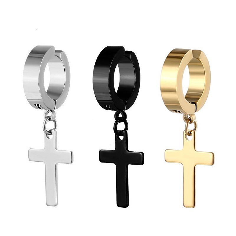 Top source cross clip without ear hole pendant earrings, trendy titanium steel fake earrings for male and female students