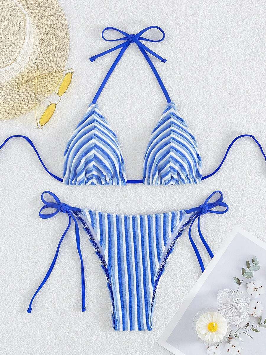 Dongdumaoyi Sexy Pink Stripe Bikini Set Women Halter Push Up Bra Tie Side Triangle Swimsuit Brazilian Beach Bathing Suit Micro Swimwear