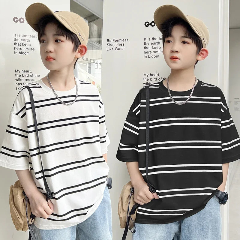 Summer Childrens Clothing Korean Style Boys Short-sleeved T-shirt Childrens Half-sleeved Striped Top Sportswear T-shirt 250407