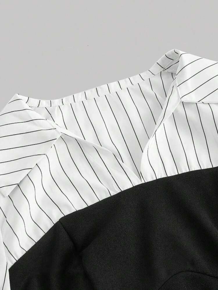 Women's Striped Spliced Lapel Shirt Elegant Fashion Style Business Casual Office Wear
