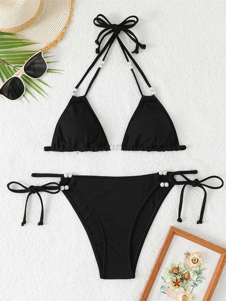 Dongdumaoyi Sexy Black Bikini Set Women Pearls Strap Push Up Drawstring Side Thong Swimsuit Luxury Lace Summer Bathing Suit Swimwear