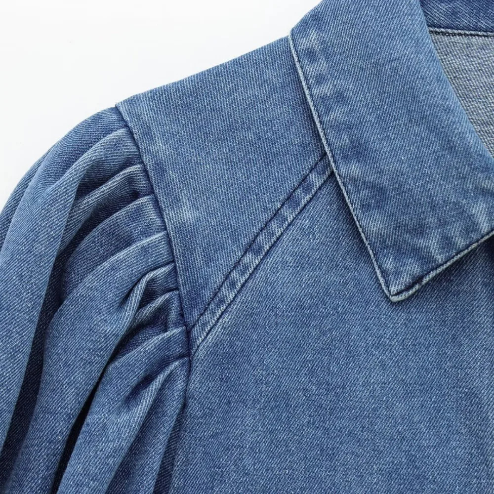 ZBZA Womens Denim Cut Shirt Retro Loose Collar Puff Sleeve Single Color SpringSummer Fashion Top 250407