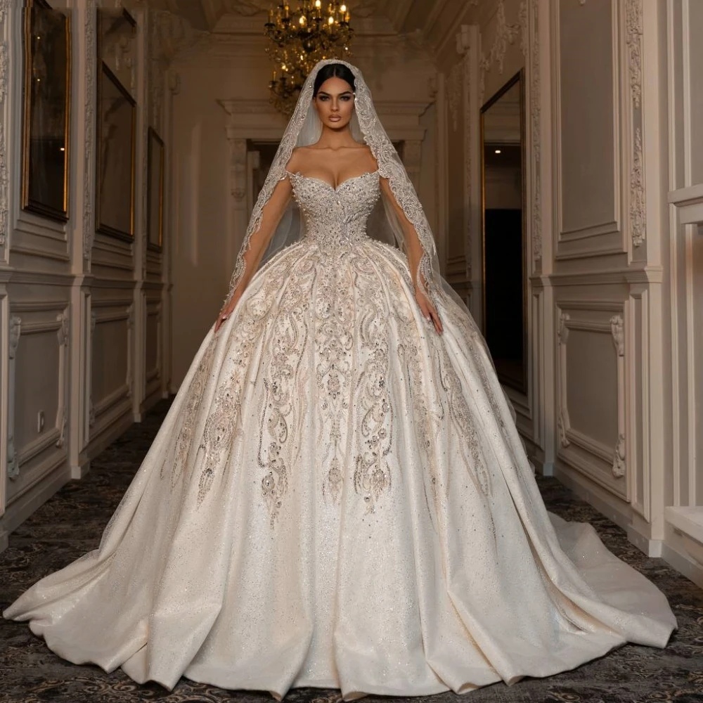 Gorgeous Ball Gown Wedding Dress Off Shoulder Long Sleeves Bridal Gowns Sequins Appliques Pearls Sweep Train Dresses Custom Made vestidos de novia