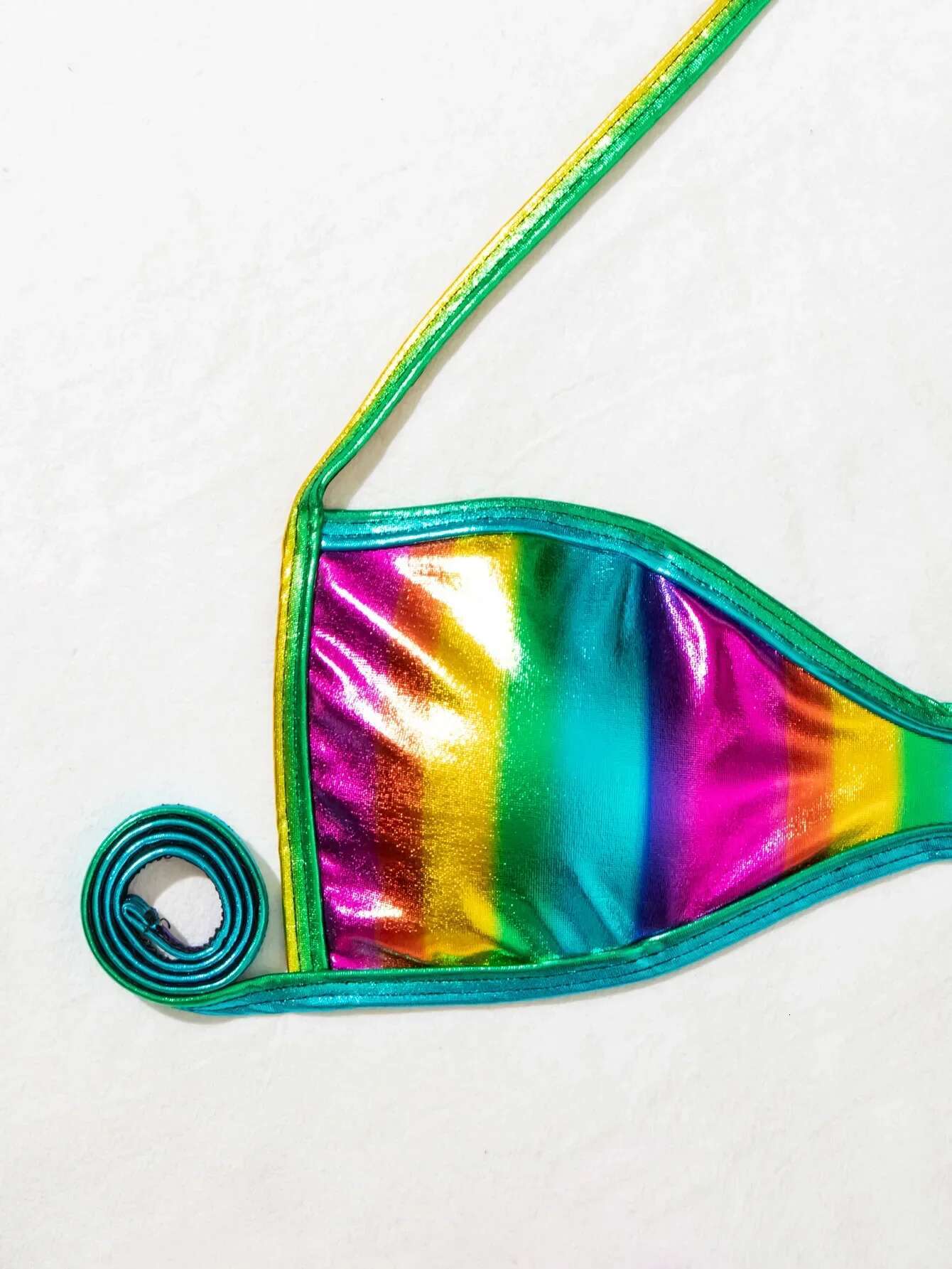 Dongdumaoyi Sexy Brozing Rainbow Gradient Bikini Women Halter Pleate Push Up Bra Tie Side Thong Swimwear Beach Bathing Suit Swimsuit
