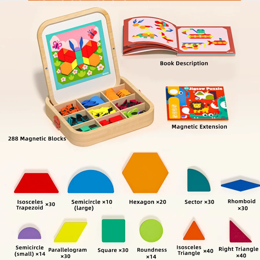 288 pieces of wooden magnetic geometric creative puzzle refrigerant color magnet graphics learning brain puzzle toys holiday gifts 250407