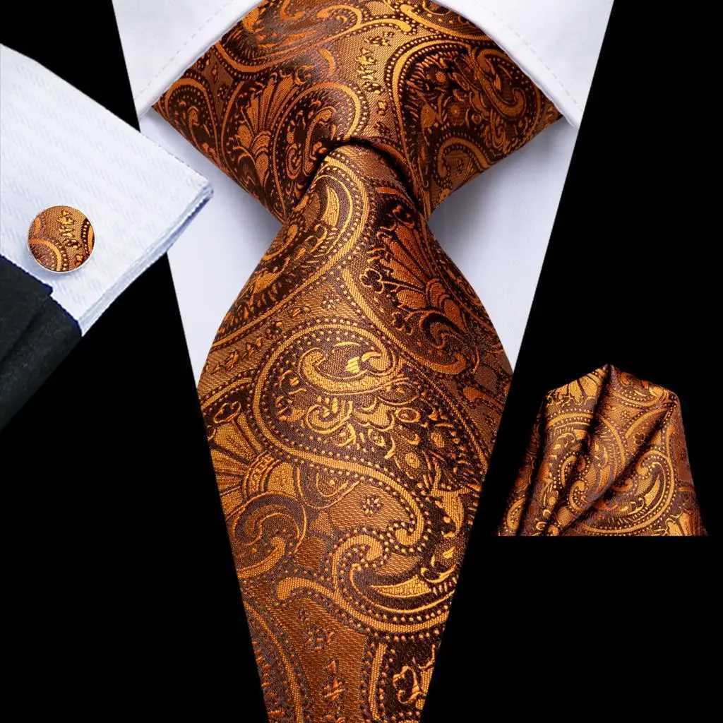 Hi-Tie Designer Orange Paisley Silk Wedding Tie For Men Handky Cufflink Gift Mens Necktie Fashion Business Party Dropshiping X250407
