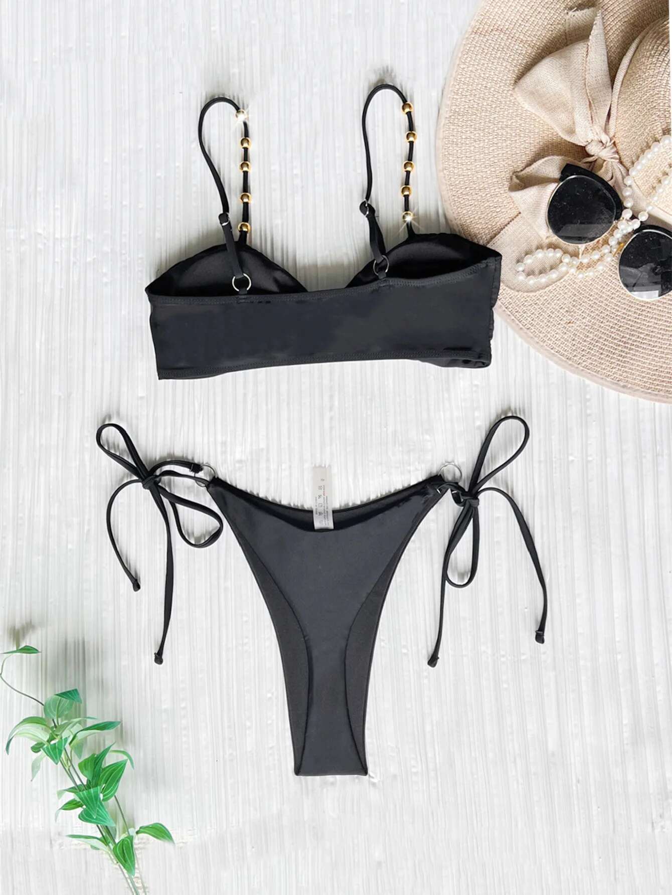 Dongdumaoyi Sexy Black Bikini Mujer Women Bead String Strap Metal Buckle Push Up Thong Swimsuit Brazilian Beach Bathing Suit Swimwear