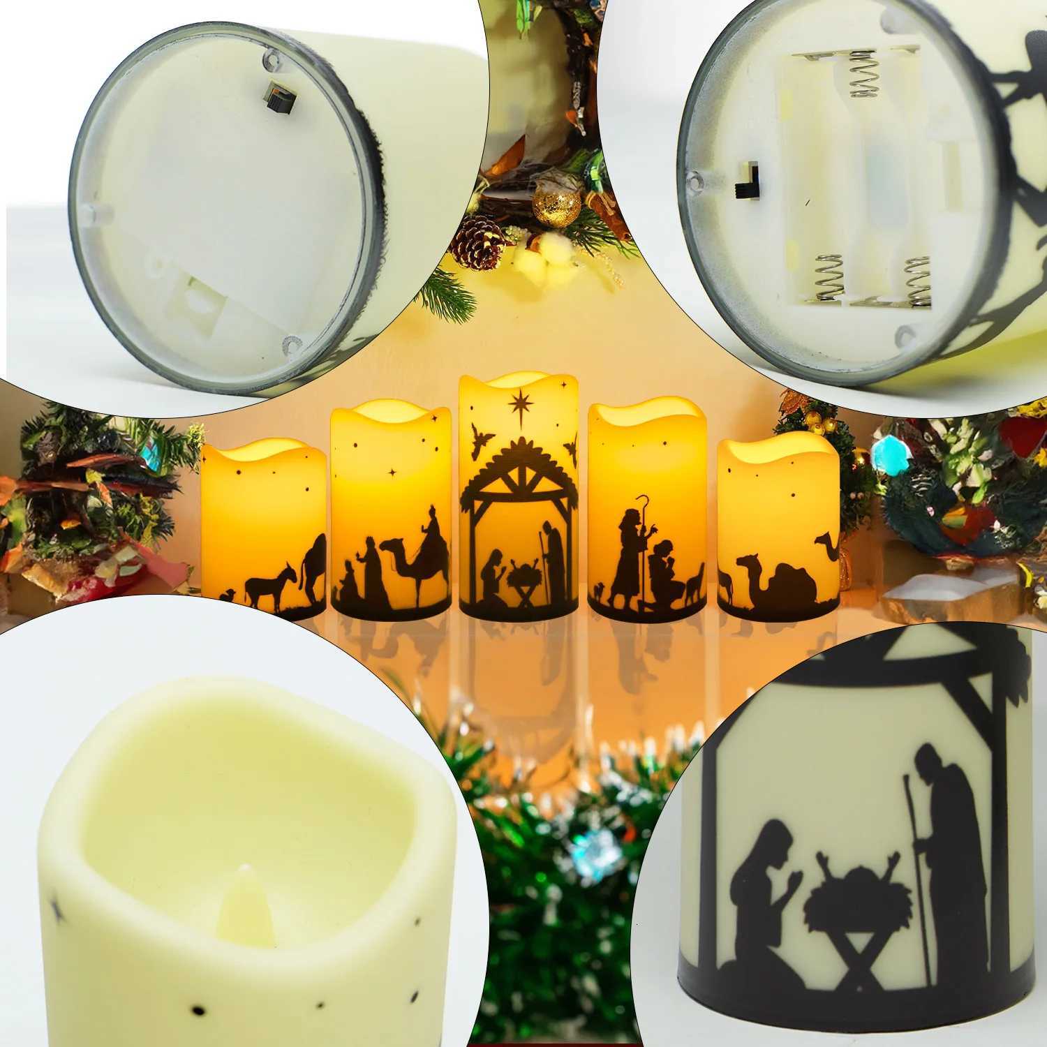 5pcs Flameless LED Christmas Nativity Scene Candle Lights Battery Powered Religious Pillar Decoration for Indoor Holiday Home W251107