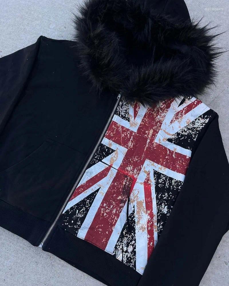 Men's Hoodies Black Printed National Fur Collar Oversized Hoodie Men Street Retro Clothing High Trendy Brand Zipper Sweatshirt