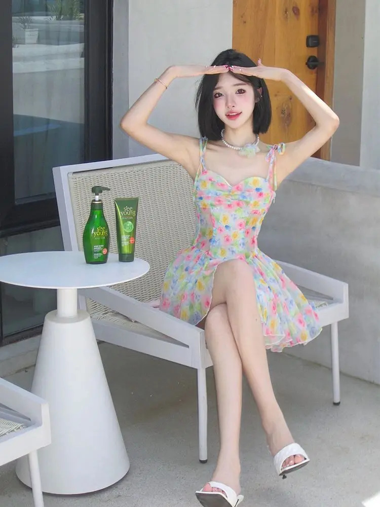 Sexy backless floral mini dress for women spaghetti strap pleated edge laminated ultra-thin elegant dress summer holiday beach party set 250401