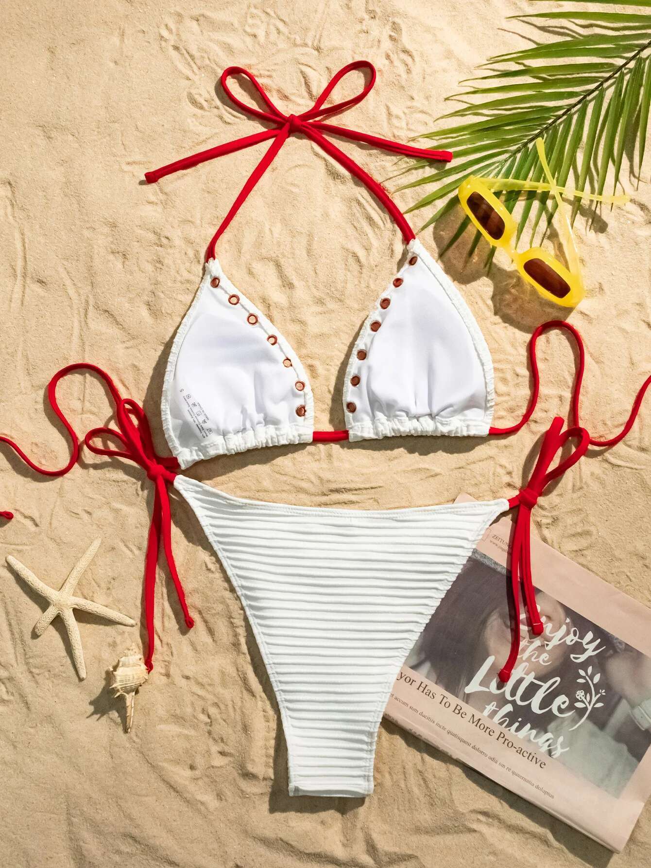 Dongdumaoyi Sexy White Red Contrast Bikinis Sets Women Halter Cross Push Up Tie Side Thong Swimsuit Beach Bathing Suit Micro Swimwear