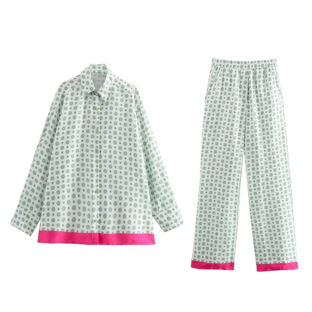 Zach Ailsa Autumn Product Womens Collar Long Sleeve Silk Texture Spliced Printed Shirt Straight Pants Casual Set 250407