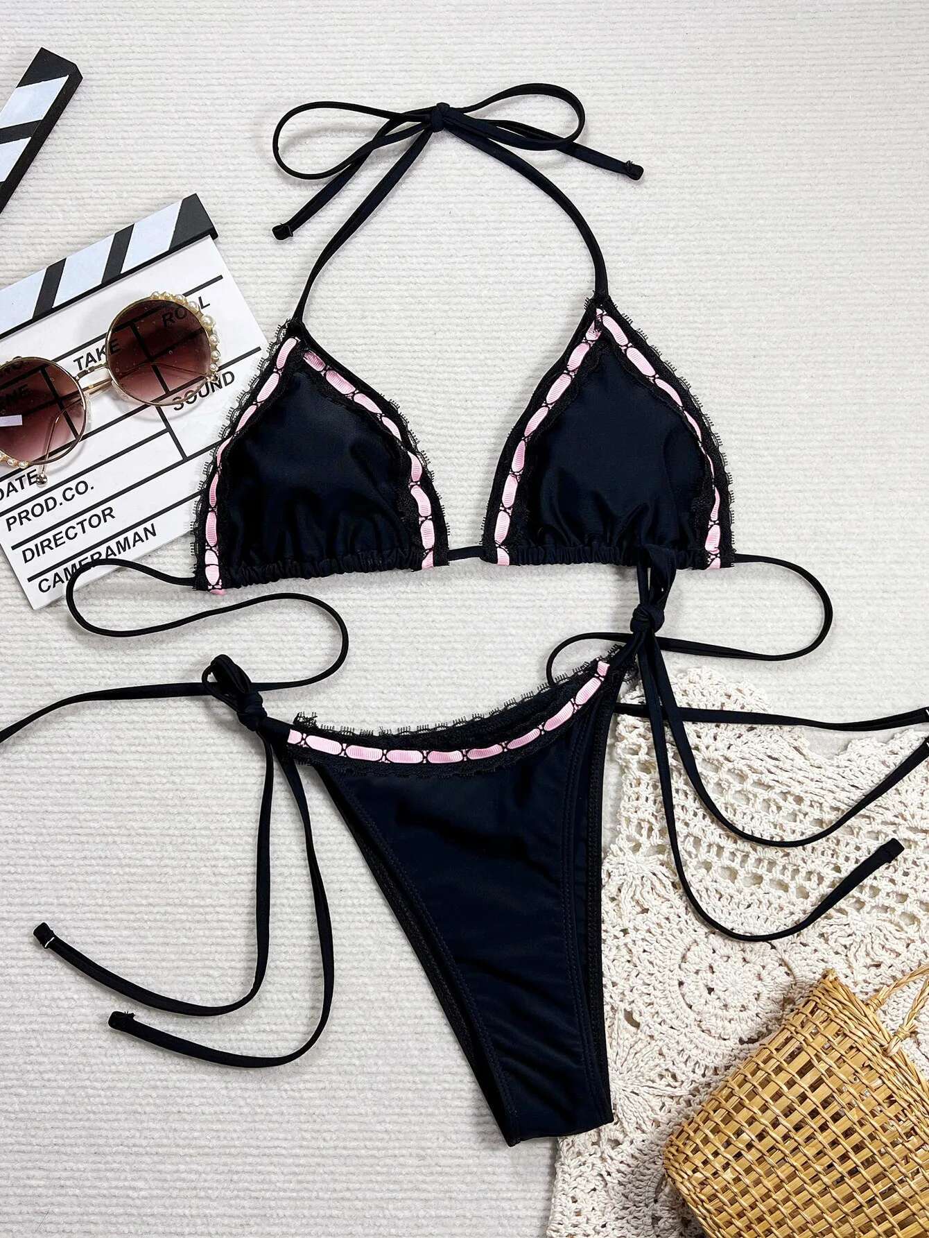 Dongdumaoyi Sexy Black Contrast Bikini Set Women Ruffles Push Up Micro Swimsuit Brazilian Bathing Suit Tie Side Thong Swimwear Biquini
