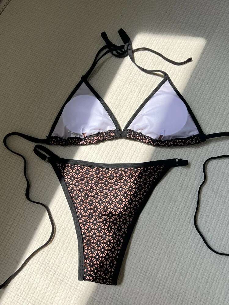 Dongdumaoyi Women S Hollow Perspective Sexy Bikini Set Triangle Cup Bra Halter Backless Piece Swimsuit V Neck Beach Vacation Swimwear
