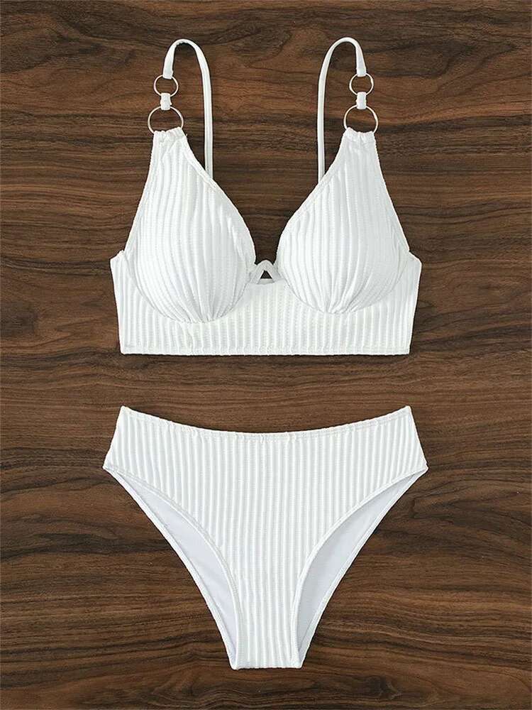 Dongdumaoyi White Underwire Swimsuit Sexy Brazilian Bikini Push Up Ring Linked Strap Swimwear Women Bathing Suit High Waist Beachwear