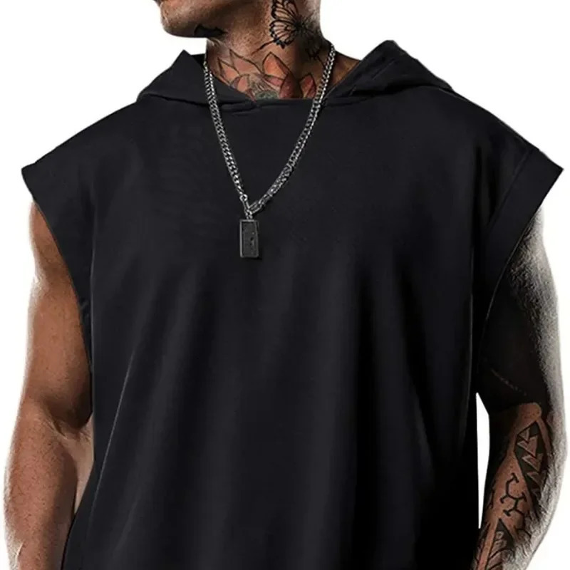 mens fitness Pullover sports casual vest sleeveless hooded loose top 250403